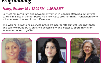 A digital flyer for an IWIN (Immigrant Women’s Information Network) webinar titled "Beyond Language Access: Creating Culturally Responsive Services for GBV Programming."  The webinar is online on Friday, October 10, 2025 at 12:00 PM (Eastern Time), with a "Register Now" button at the bottom. This webinar aims to help service providers incorporate cultural responsiveness and safety to build trust, enhance accessibility, and better support immigrant women experiencing GBV.