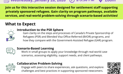 Flyer for Bridge Together Project’s “Private Refugee Sponsorship 101” workshop on January 28, 2026, 2–3:30 PM via Zoom, outlining session topics, scenario-based learning, collaboration, and RSVP details.