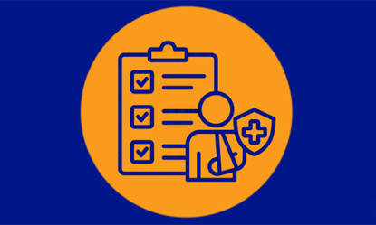 blue background with orange circle in the middle showing a clip board and a stick figure type drawing of a person wearing an arm brace