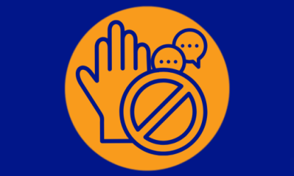 Flyer for Sexual harrassment at work webinar. Dark blue background with an orange circle in the middle and inside the circle is a hand, a stop sign and chat bubbles.