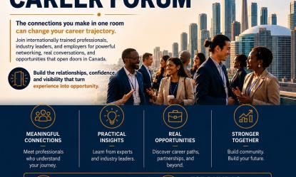 The picture shows the event's details. Event's name Find Your Niche: Newcomer Professionals Career Forum- a one day networking and career development event. Event will be happening on June 20, 2026 from 9 AM to 4 PM. Event is free.