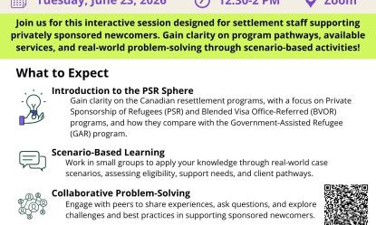 Flyer for Bridge Together Project’s “Private Refugee Sponsorship 101” workshop on June 23, 2026, 12:30-2 PM via Zoom, outlining session topics, scenario-based learning, collaboration, and RSVP details.