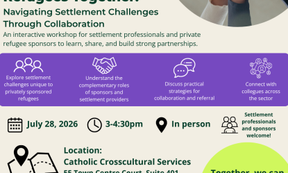 Flyer for Bridge Together Project’s “Supporting Sponsored Refugees Together: Navigating Settlement Challenges Through Collaboration” workshop on July 28, 3-4:30pm, outlining session topics, scenario-based learning, collaboration, and RSVP details.
