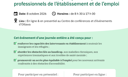 OCASI, en collaboration avec SMILE Canada Support Services, vous invite à un forum hybride intitulé : Parcours d'accès à l'emploi pour les nouveaux arrivants : perspectives pour les professionnels de l'établissement et de l'emploi. Date : 8 octobre 2026. Horaires : de 8h30 à 17h. Liens pour participer en ligne (oca.si/p1n6n2) et en présentiel (oca.si/ngqosx).
