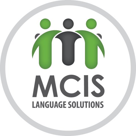 Logo of MCIS Language Solutions featuring three stylized figures in green and black, encircled by a gray border.
