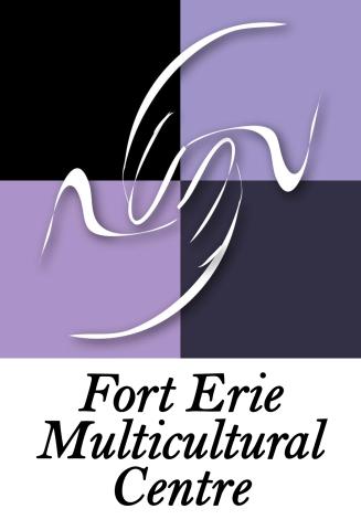 Purple and black square with hands and Fort Erie Multicultural Centre