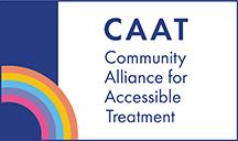 small rainbow in the bottom left corner. Community Alliance for Accessible Treatment across the logo