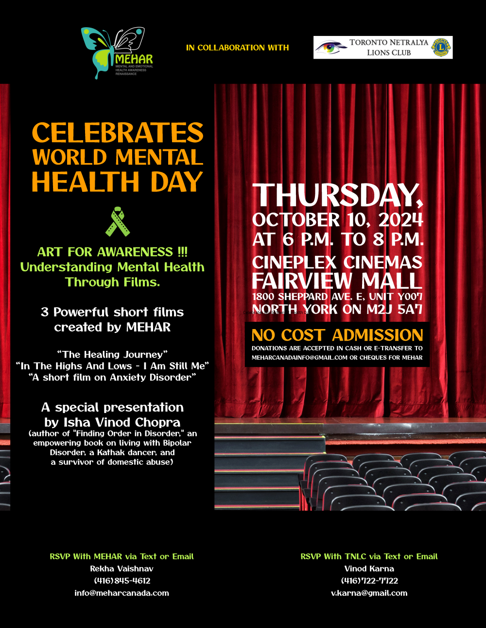 Screening of 3 powerful short films on the topics of mental health and addictions with a strong message on breaking the stigma around mental illness . RSVP is required for free admission. Join us in the celebration of our solidarity in spreading awareness and breaking the stigma around mental illness.