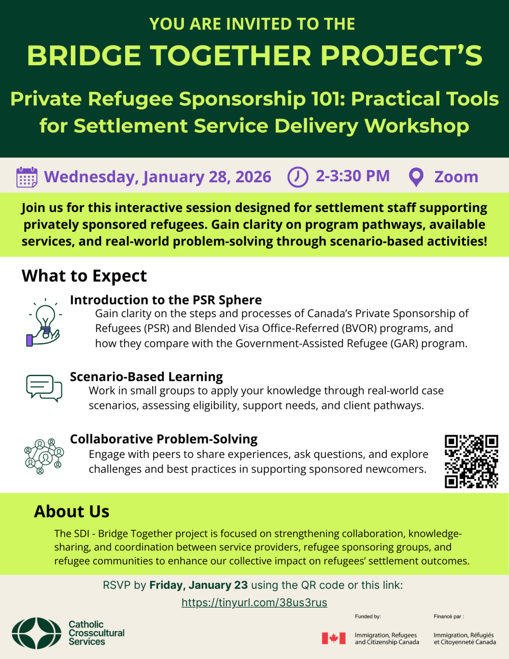 Flyer for Bridge Together Project’s “Private Refugee Sponsorship 101” workshop on January 28, 2026, 2–3:30 PM via Zoom, outlining session topics, scenario-based learning, collaboration, and RSVP details.