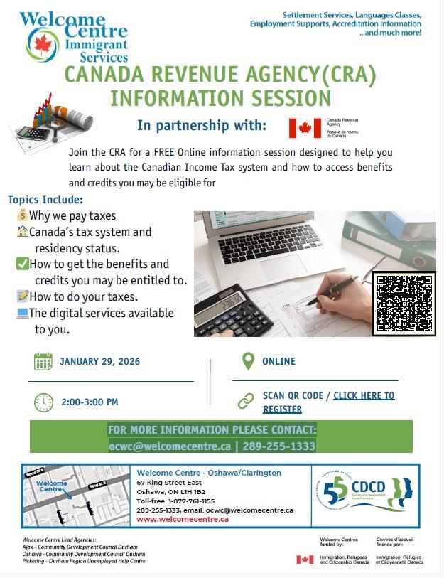 Join the CRA for a FREE Online information session designed to help you learn about the Canadian Income Tax system and how to access benefits and credits you may be eligible for.