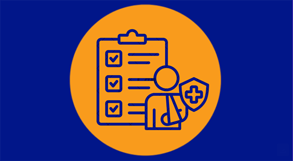 blue background with orange circle in the middle showing a clip board and a stick figure type drawing of a person wearing an arm brace