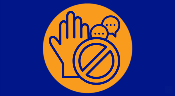 Flyer for Sexual harrassment at work webinar. Dark blue background with an orange circle in the middle and inside the circle is a hand, a stop sign and chat bubbles.