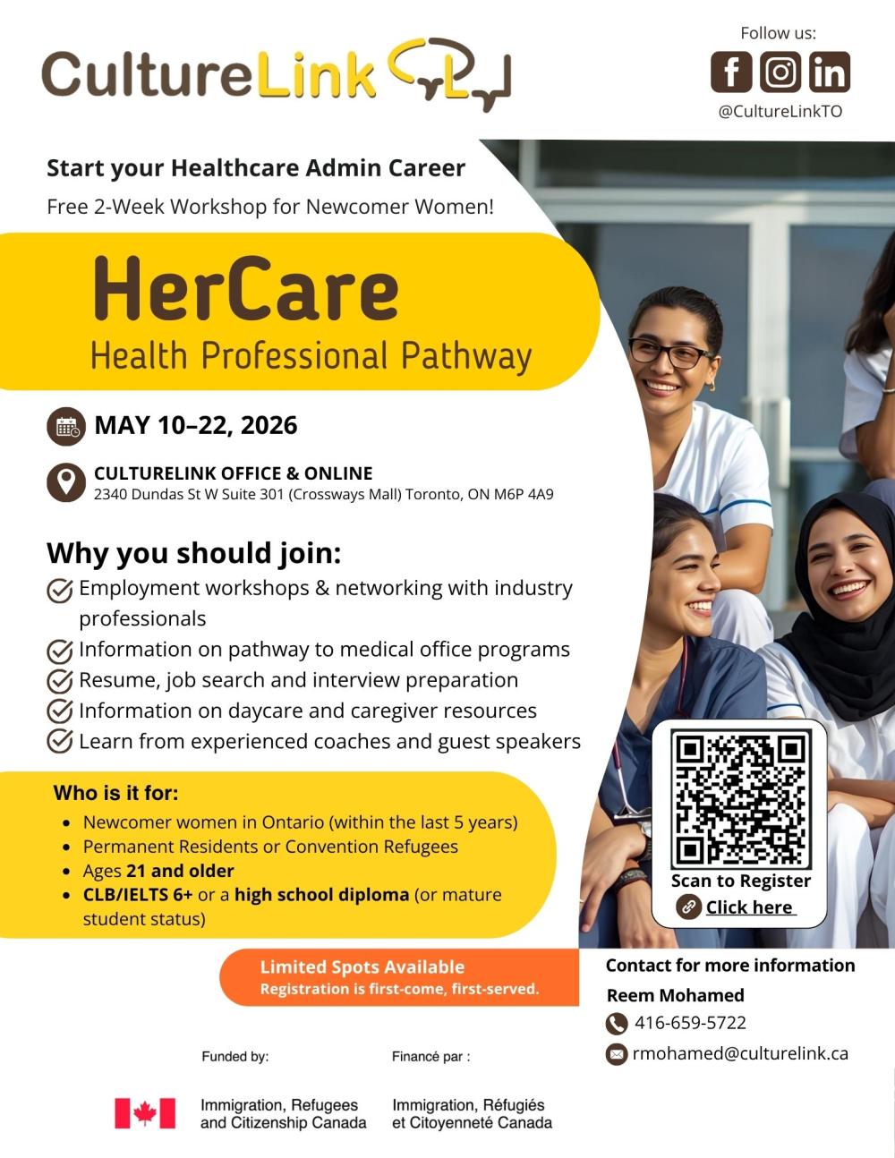 CultureLink is excited to invite you to a free two-week hybrid program, “HerCare Health Professional Pathway,” taking place this May! This engaging program is designed to empower newcomer women to explore and pursue rewarding careers in healthcare administration, with guidance, resources, and support every step of the way.