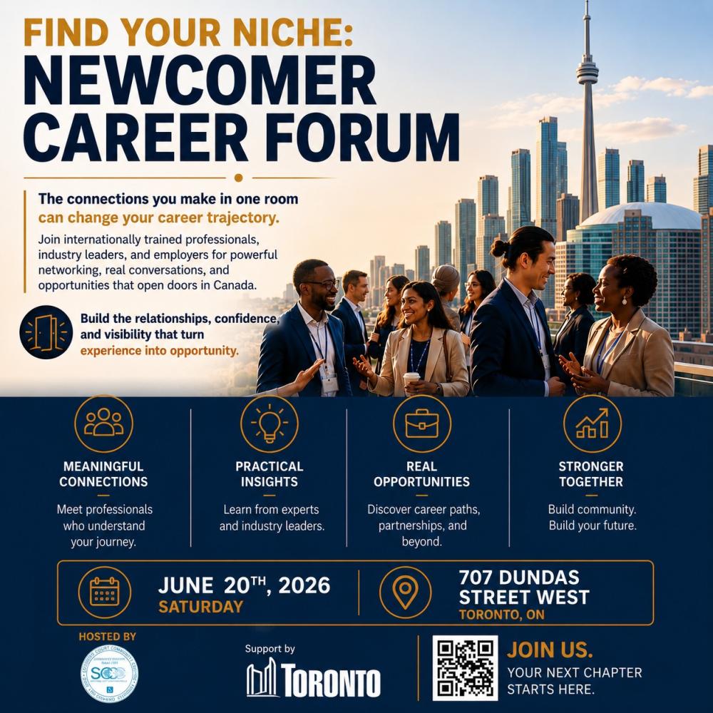 The picture shows the event's details. Event's name Find Your Niche: Newcomer Professionals Career Forum- a one day networking and career development event. Event will be happening on June 20, 2026 from 9 AM to 4 PM. Event is free.