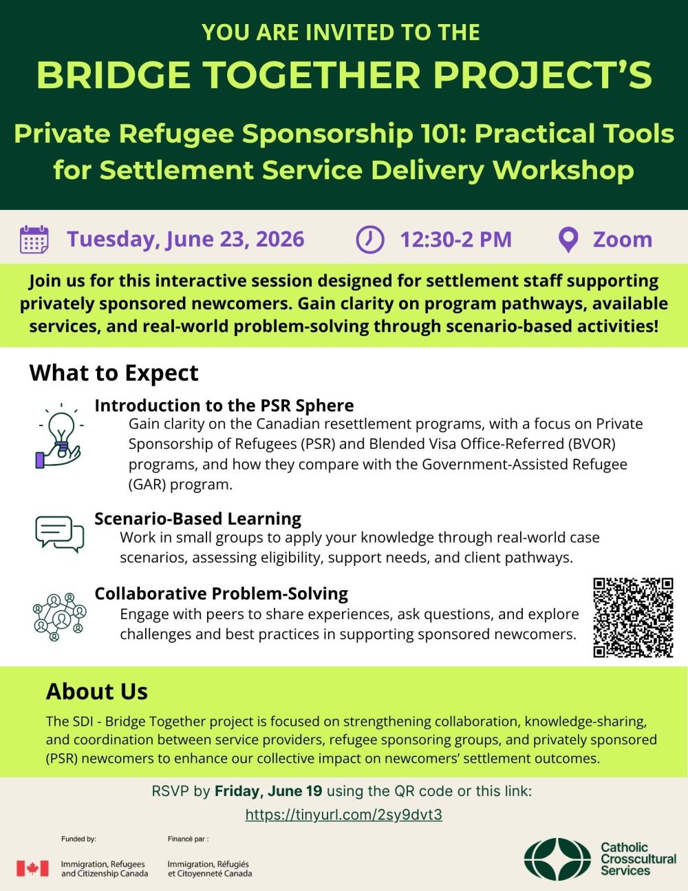 Flyer for Bridge Together Project’s “Private Refugee Sponsorship 101” workshop on June 23, 2026, 12:30-2 PM via Zoom, outlining session topics, scenario-based learning, collaboration, and RSVP details.