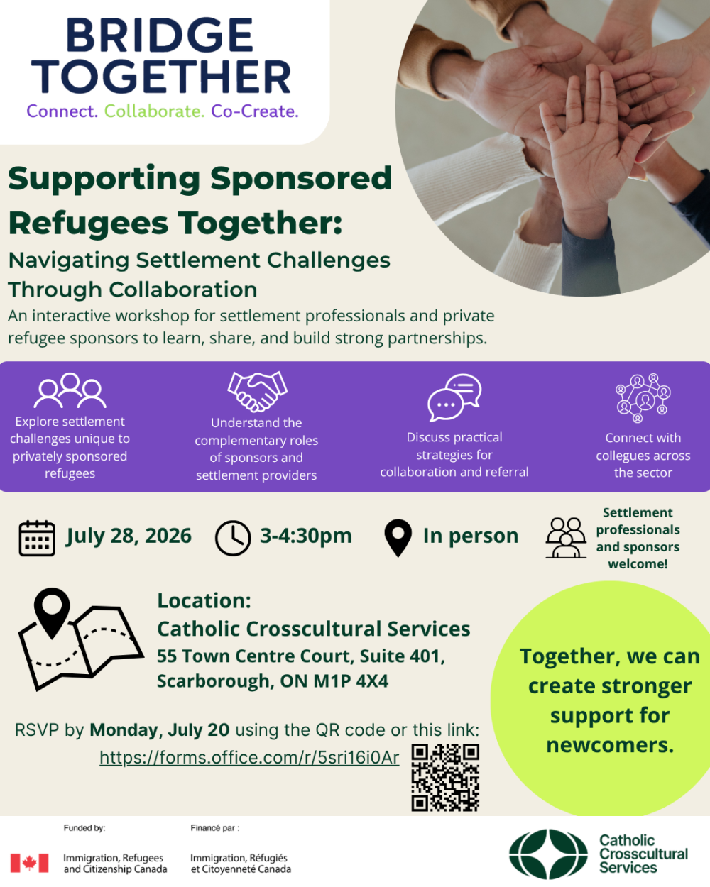 Flyer for Bridge Together Project’s “Supporting Sponsored Refugees Together: Navigating Settlement Challenges Through Collaboration” workshop on July 28, 3-4:30pm, outlining session topics, scenario-based learning, collaboration, and RSVP details.