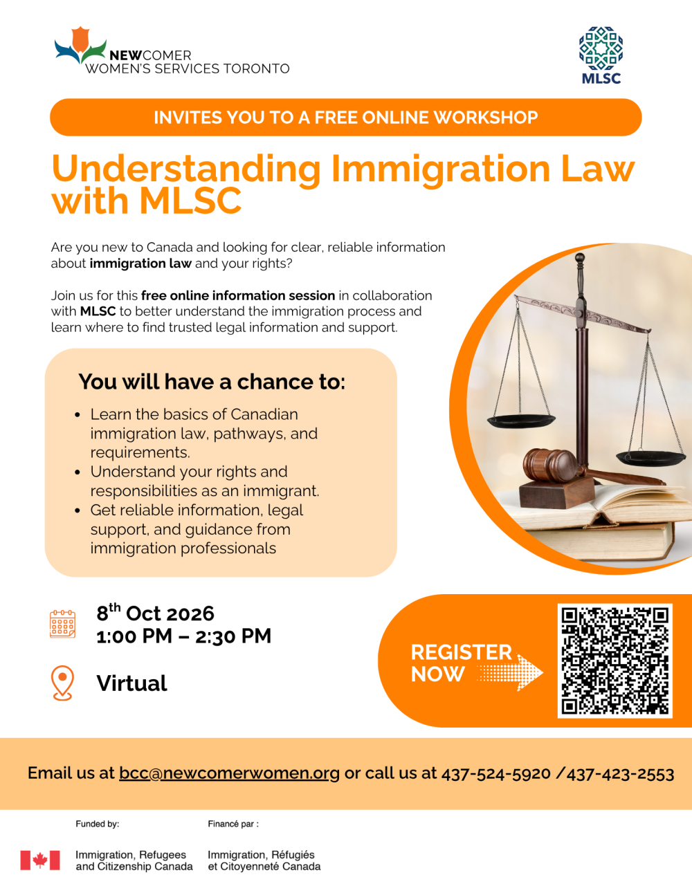 Are you new to Canada and looking for clear, reliable information about immigration law and your rights?   Join us for this free online information session in collaboration with MLSC to better understand the immigration process and learn where to find trusted legal information and support. 